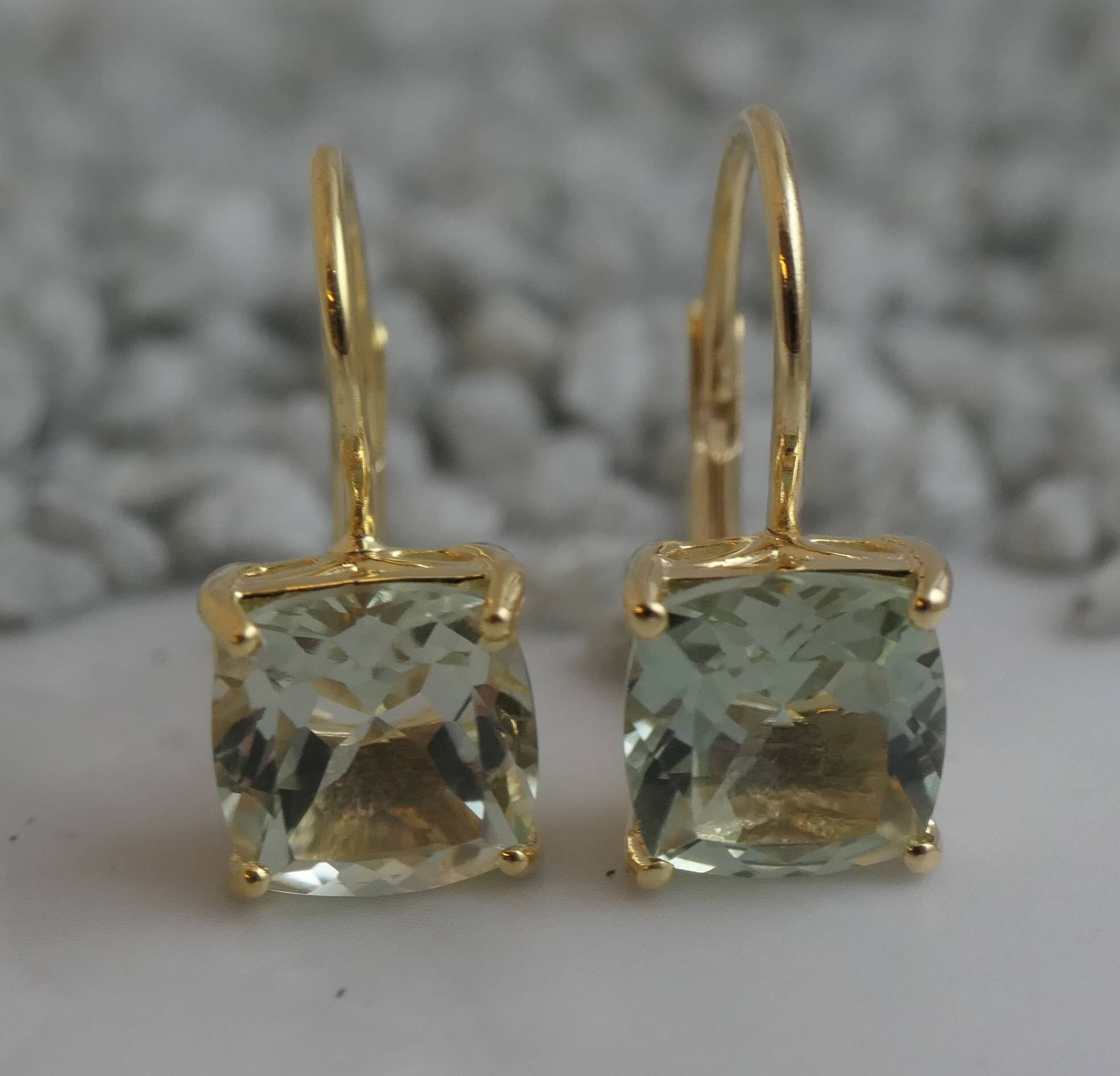 Orecchini In Argento 925 Placcato Oro Con Ametista Verde E Zirconi - Gemma Naturale Taglio Cuscino - Fatto A Mano