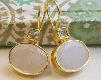Blauwe Topaas en Maansteen Vermeil Gold Drop Oorbellen - Sterling zilveren sieraden - Gouden oorbellen - Cadeaus voor haar - Klassieke oorbellen