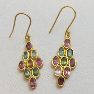 Multi Color Tourmaline Waterfall  Gold Plated Sterling Silver Earrings - Natural Gem Gemstone Jewellery -  Gifts for Women - Christmas Gift