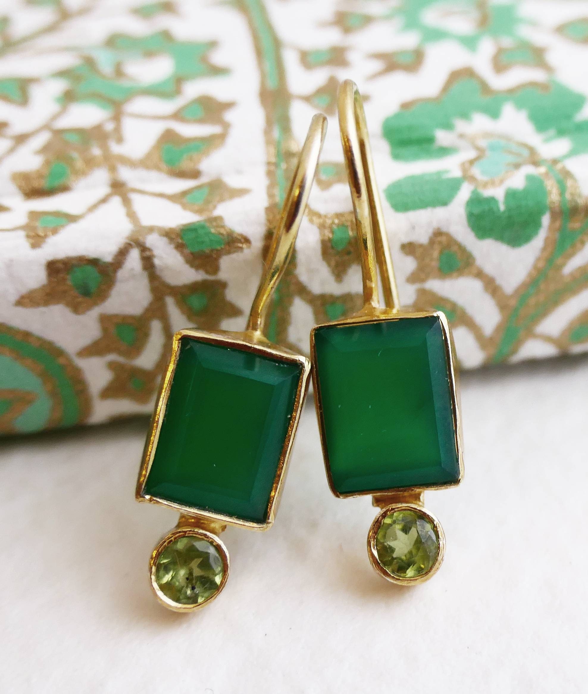 Orecchini Pendenti Con Onice Verde Sfaccettato - Argento Sterling 925 Placcato Oro, 3,2 Cm, Eleganti