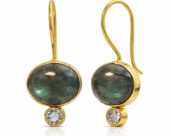 Labradorit und Blautopas Vergoldete Sterling Silber Tropfen Ohrringe - Geschenke für Frauen - Natürlicher Edelstein Schmuck