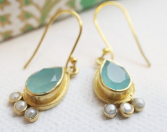 Aqua Chalcedon und Zuchtperle Vermeil Ohrringe - Aqua Challcedon Schmuck - Gold Ohrringe - Brautschmuck - Luxe Juwelen