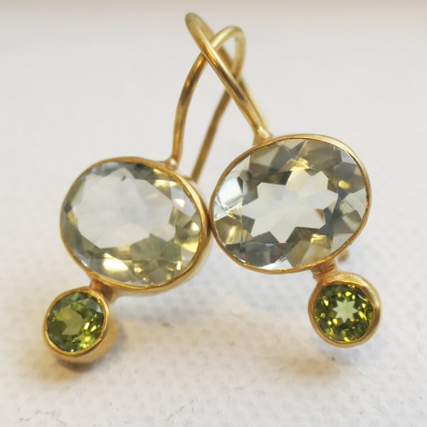 Green Amethyst Prasiolite and Peridot Gold plated Sterling Silver Drop Earrings - Gifts for Women  - Bridal Jewellery