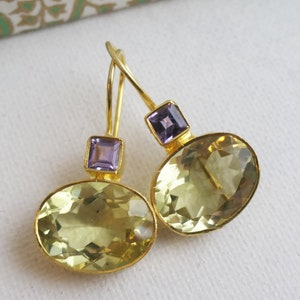 Orecchini pendenti in argento sterling placcato oro con ametista e quarzo limone - Gioielli con pietre preziose naturali - Regali per donne - Idea regalo di compleanno