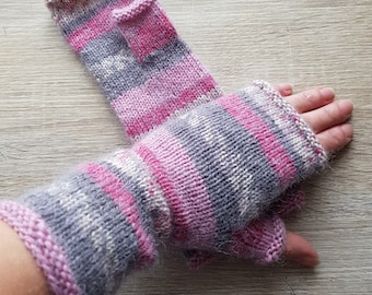 Fingerless gloves women hand warmers knitted gloves hand knit fingerless gloves gray pink wool arm warmers  handmade