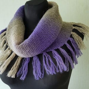 Fringed cowl scarf with fringe colorful cowl infinity scarf autumn boho outfit knitted scarf neck warmer knitted turtleneck collar
