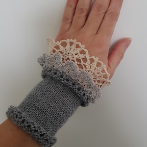 Wrist warmers with lace crocheted cuff bracelet pulse warmers romantic wristlets with lace hand knit hand warmers