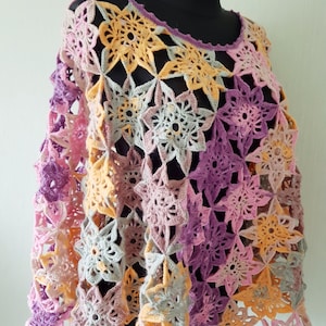 Poncho all season asymmetric poncho cape boho style granny square poncho colorful poncho for women hand knit pocho crochet wool poncho