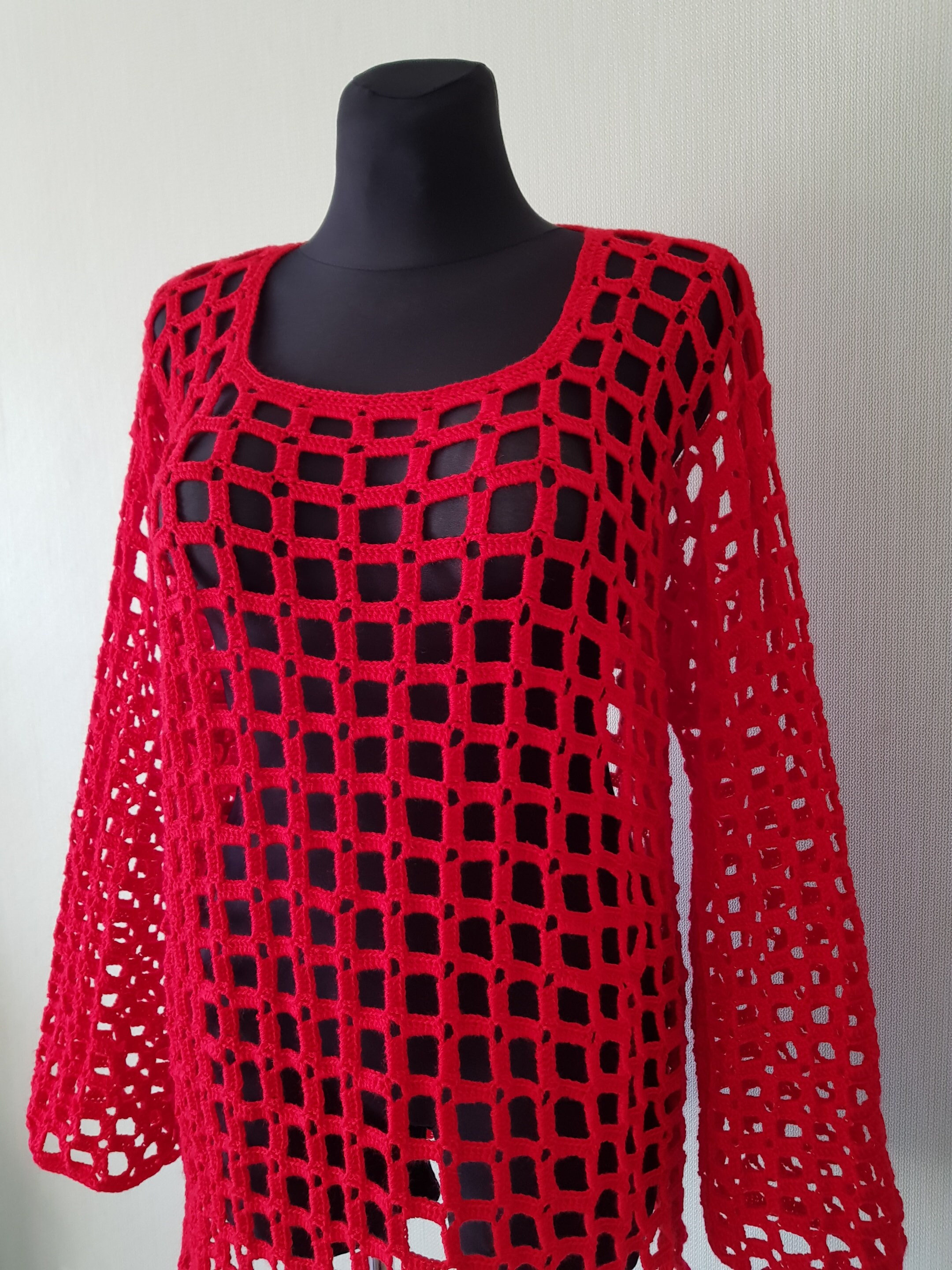 Mesh Jumper Red Mesh Sweater Long Sleeve Fishnet Tunic