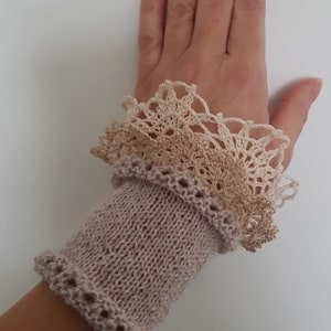 Wrist warmers with crocheted lace beige cuff bracelet knitted pulse warmers  romantic wristlets for gift arm warmers women