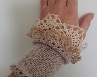 Wrist warmers with crocheted lace beige cuff bracelet knitted pulse warmers  romantic wristlets for gift arm warmers women