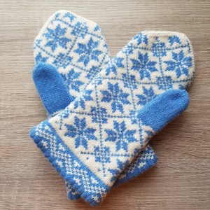 White blue mittens wool mittens winter mittens handmade mittens warm mittens for gift colorful mittens women winter mittens latvian mittens