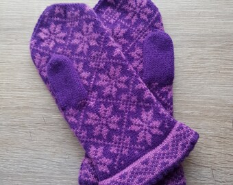Hand knitted mittens patterned warm mittens alpaca mittens purple mittens wool mittens winter snowflake mittens winter accessories mittens