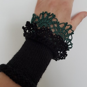 Wrist warmers with crocheted lace hand cuff bracelet hand warmers romantic women pulse warmers arm warmers handmade