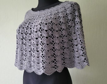 Grijze cape korte poncho gehaakte capelet schouder cape zomerponcho virus cape merinowol gehaakte accessoire vakantie