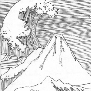 May include: A black and white line drawing of a large wave crashing over a mountain. The wave is drawn with many lines, creating a sense of movement and energy. The mountain is drawn with fewer lines, giving it a more solid and stable appearance.