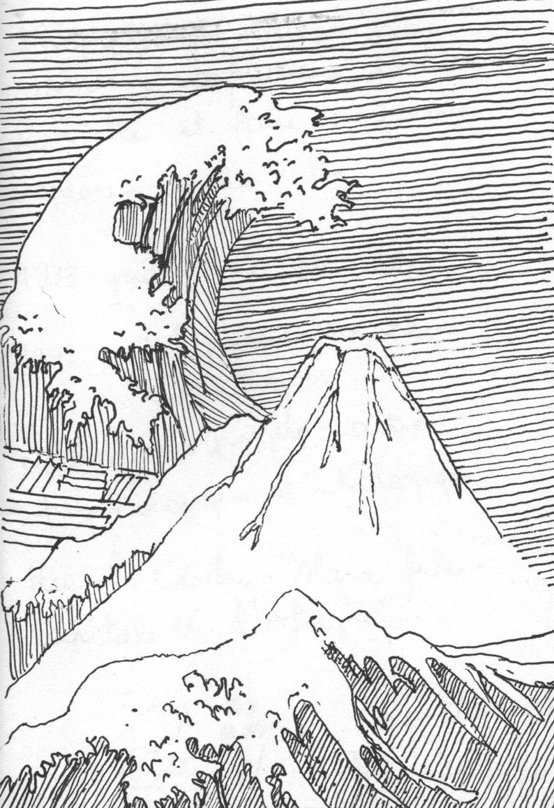 May include: A black and white line drawing of a large wave crashing over a mountain. The wave is drawn with many lines, creating a sense of movement and energy. The mountain is drawn with fewer lines, creating a sense of stillness and stability.