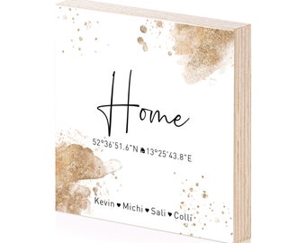 Holzbild Home personalisiert mit Koordinaten und Namen als Geschenk oder Geschenkidee zum Umzug Einzug Wohnung Haus (bronze)