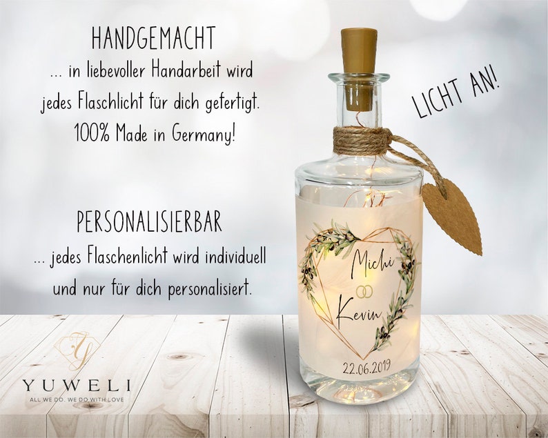 Flaschenlicht Geschenk Hochzeit personalisiert mit Namen und Datum Hochzeitsgeschenk für Brautpaar Bild 4