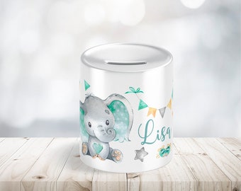 Kinderspardose Baby Elefant in Mint personalisiert mit Namen als Geschenk oder Geschenkidee zum Geburtstag Taufe Geburt