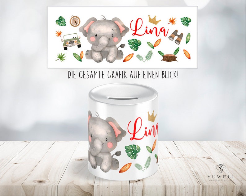 Safari Elefant Kinderspardose personalisiert mit Name als Geschenk oder Geschenkidee zum Geburtstag Taufe Bild 2