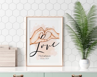Love Poster personalisiert mit Namen und Datum in A4 A3 A2 als Geschenk oder Geschenkidee zum Jahrestag Valentinstag Hochzeitstag (beige)