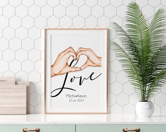 Love Poster personalisiert mit Namen und Datum in A4 A3 A2 als Geschenk oder Geschenkidee zum Jahrestag Valentinstag Hochzeitstag (weiß)