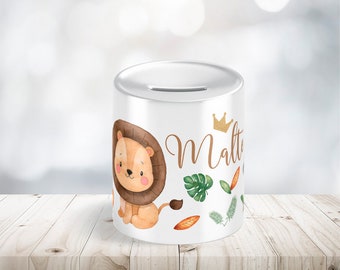 Safari Löwe Kinderspardose personalisiert mit Name als Geschenk oder Geschenkidee zum Geburtstag Taufe