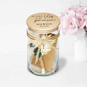 Personalisiertes Geschenk Glas mit Namen und Datum als Hochzeitsgeschenk Geldgeschenk optional mit Karte und Trockenblumen Vorratsglas Typ5
