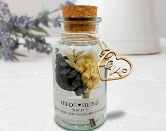 Goldene Hochzeit Geschenkglas personalisiert mit Namen und Datum als Geldgeschenk zum Jubiläum Trockenblumenstrauß Soft Green