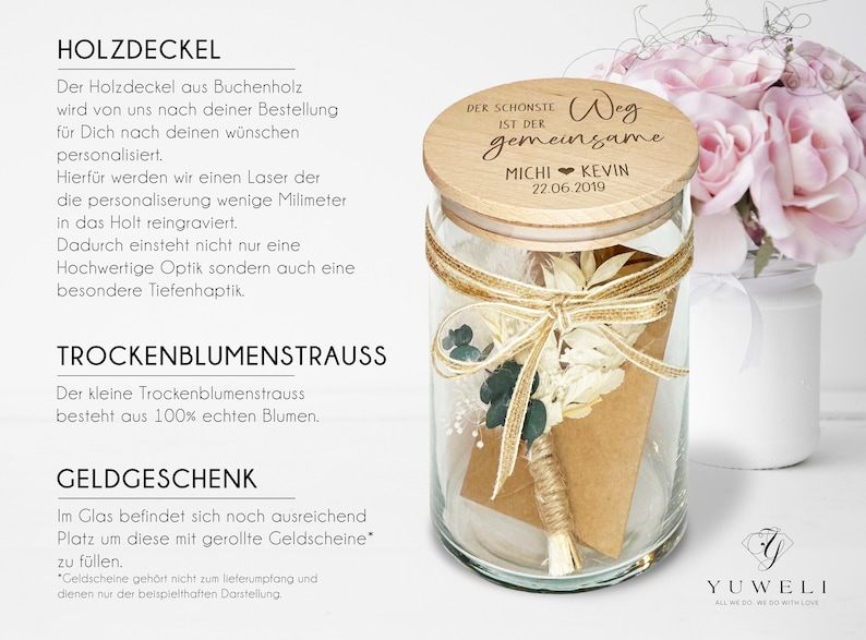 Personalisiertes Geschenk Glas mit Namen und Datum als Hochzeitsgeschenk Geldgeschenk optional mit Karte und Trockenblumen Vorratsglas Typ5 Bild 5