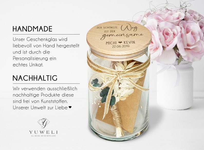 Personalisiertes Geschenk Glas mit Namen und Datum als Hochzeitsgeschenk Geldgeschenk optional mit Karte und Trockenblumen Vorratsglas Typ5 Bild 3