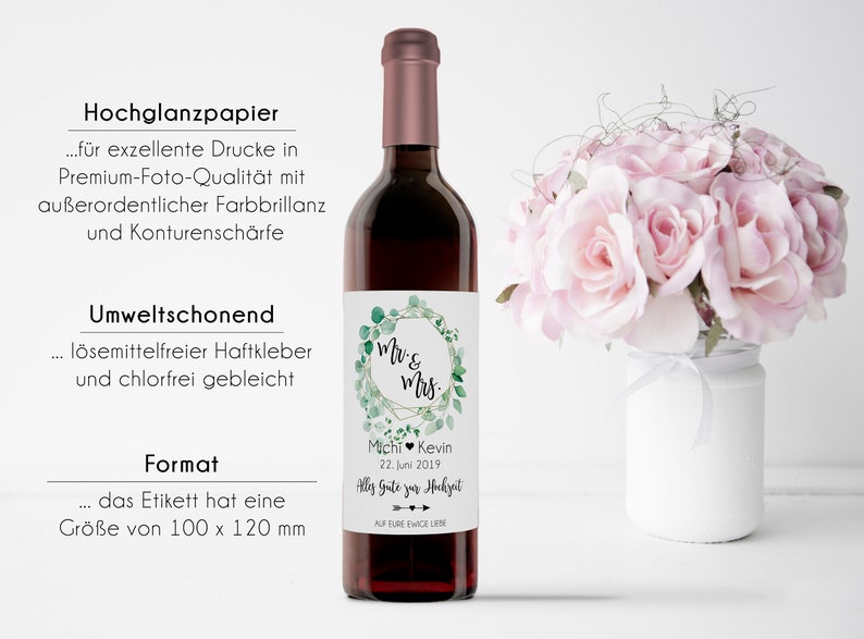 Flaschenetikett Mr & Mrs personalisiert mit Namen und Datum Wein Etikett Hochzeit Geschenk Hochzeitsdeko Weinetikett optional mit Korken Bild 4