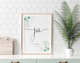 Ja Poster personalisiert mit Namen und Datum in A4 A3 A2 als Hochzeitgeschenk für das Brautpaar (eukalyptus)