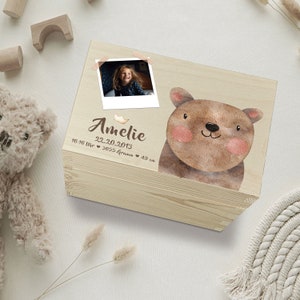 Personalisierte Erinnerungskiste Baby mit Foto Babygeschenke Erinnerungsbox Baby Geschenk zur Geburt Taufgeschenk Bär