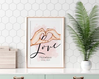 Love Poster personalisiert mit Namen und Datum in A4 A3 A2 als Geschenk oder Geschenkidee zum Jahrestag Valentinstag Hochzeitstag (rosa)