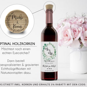 Flaschenetikett Mr & Mrs personalisiert mit Namen und Datum Wein Etikett Hochzeit Geschenk Hochzeitsdeko Weinetikett optional mit Korken Bild 5