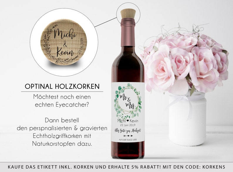 Flaschenetikett Mr & Mrs personalisiert mit Namen und Datum Wein Etikett Hochzeit Geschenk Hochzeitsdeko Weinetikett optional mit Korken Bild 5