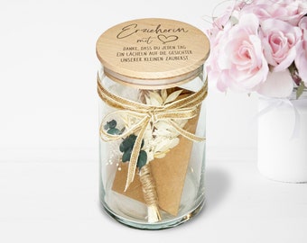 Kindergarten Erzieherin mit Herz Geschenk Glas für die Beste Erzieherin Vorratsglas mit Trockenblumenstrauß Danksagung