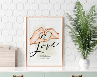 Love Poster personalisiert mit Namen und Datum in A4 A3 A2 als Geschenk oder Geschenkidee zum Jahrestag Valentinstag Hochzeitstag (mint)