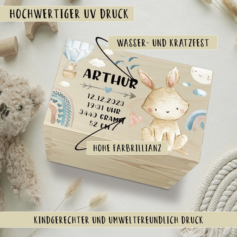 Personalisierte Erinnerungskiste Baby Hase, Babygeschenke, Erinnerungskiste, Geschenk Geburt, Geburt, Taufgeschenk, Erinnerungsbox Bild 2