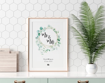 Mr. & Mrs Poster personalisiert mit Namen und Datum in A4 A3 A2 als Hochzeitgeschenk für das Brautpaar (eukalyptuskranz)