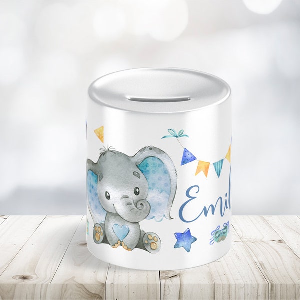 Kinderspardose Baby Elefant Boy für Jungs personalisiert mit Namen als Geschenk oder Geschenkidee zum Geburtstag Taufe Geburt