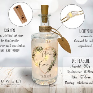 Flaschenlicht Geschenk Hochzeit personalisiert mit Namen und Datum Hochzeitsgeschenk für Brautpaar Bild 3