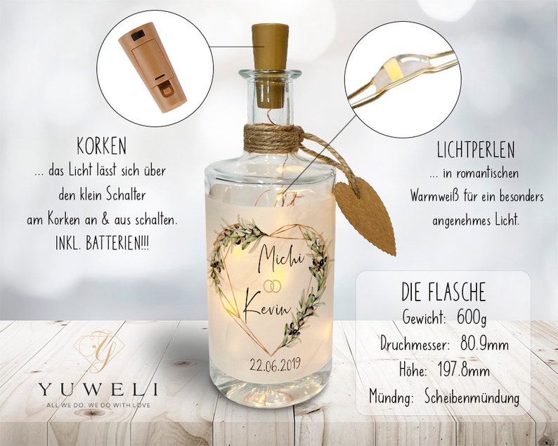 Flaschenlicht Geschenk Hochzeit personalisiert mit Namen und Datum Hochzeitsgeschenk für Brautpaar Bild 3