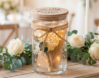 Personalisiertes Hochzeitsgeschenk Glas – Geldgeschenk mit Namen & Datum – Vorratsglas mit Holzdeckel und Trockenblumen