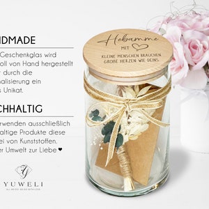 Hebamme mit Herz Geschenk Glas für die Beste Hebamme Vorratsglas mit Trockenblumenstrauß Bild 3