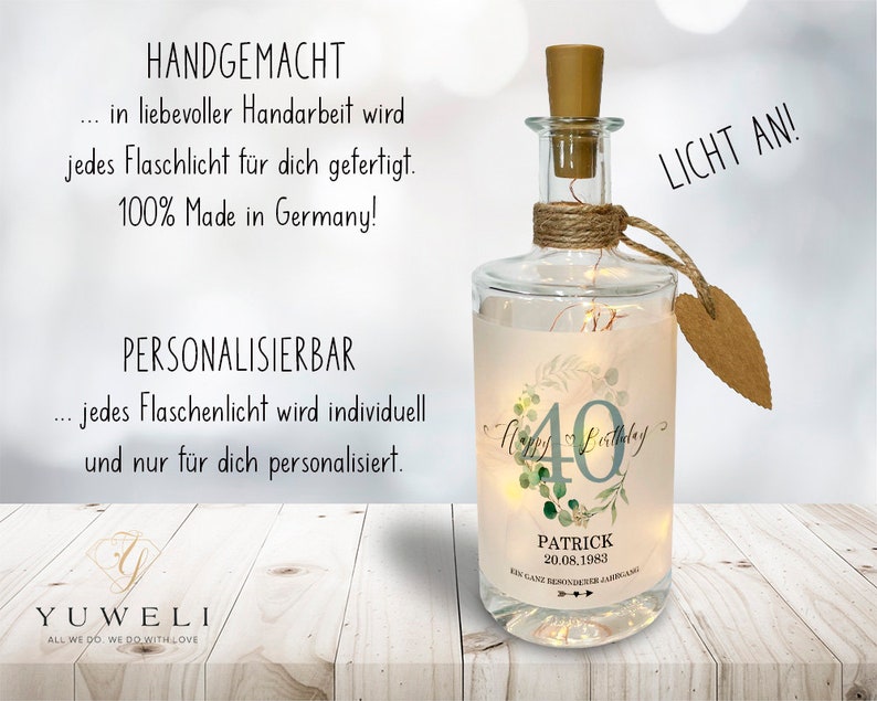 Flaschenlicht zum Geburtstag personalisiert für Mann Frau als Geschenk oder Geschenkidee I Geschenke I LED Deko I Dekoflasche Bild 3