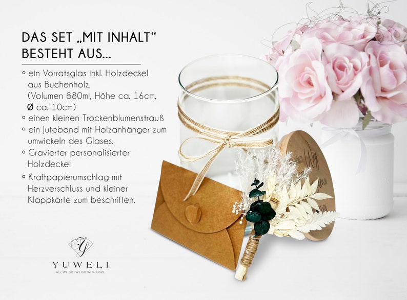 Personalisiertes Geschenk Glas mit Namen und Datum als Hochzeitsgeschenk Geldgeschenk optional mit Karte und Trockenblumen Vorratsglas Typ5 Bild 4