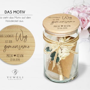 Personalisiertes Geschenk Glas mit Namen und Datum als Hochzeitsgeschenk Geldgeschenk optional mit Karte und Trockenblumen Vorratsglas Typ5 Bild 2